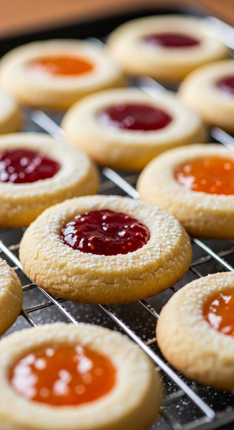 Macro Close-Up Of A Buttery Thumbprint Cookie With Raspberry Jam And Powdered Sugar, Cooling On A Dark Wire Rack.