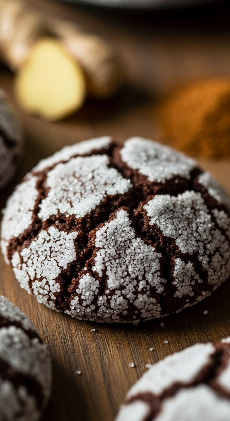 Macro Close-Up Of A Chewy Ginger Molasses Cookie With A Crackled Top, Glistening With A Coat Of Sparkling Sugar.
