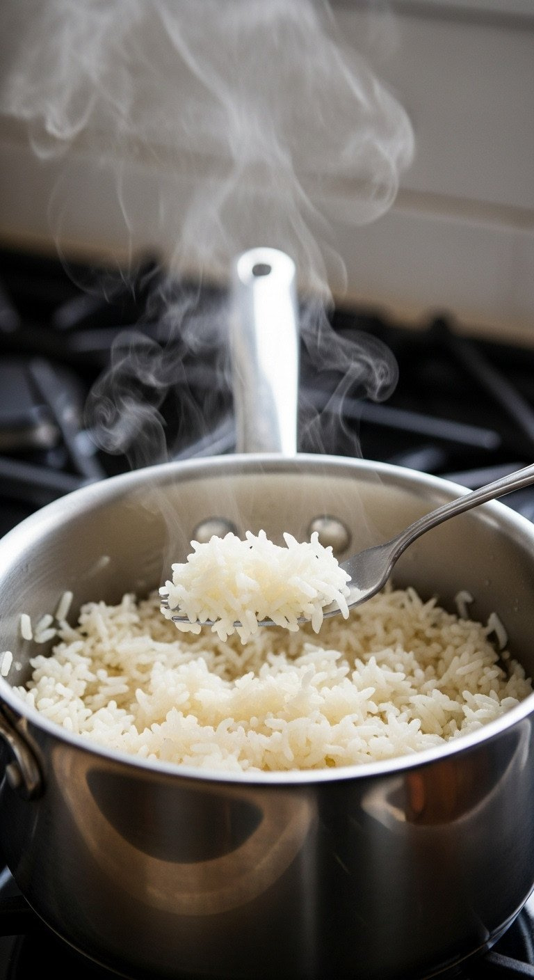 Macro Close-Up Of A Fork Fluffing Perfectly Cooked, Separate Grains Of Steaming White Rice Inside A Stainless Steel Pot.