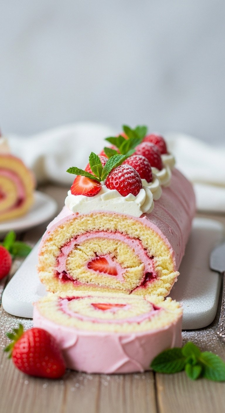 Macro Close-Up Of A Sliced Strawberry Cake Roll Showing Light Cake, Creamy Filling, Powdered Sugar, And Fresh Mint On Rustic Wood.