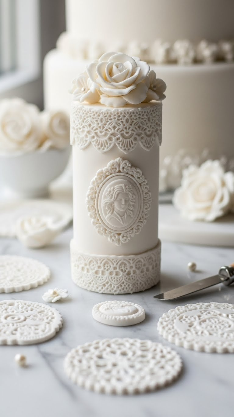 Macro Close-Up Of Delicate Fondant Decorations With Lace Patterns And Flowers On Marble Surface With Edible Pearls