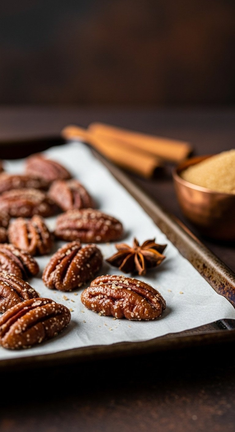 Macro Close-Up Of Glossy Candied Spiced Pecans Cooling On A Dark Baking Sheet With A Cinnamon Stick And Star Anise.