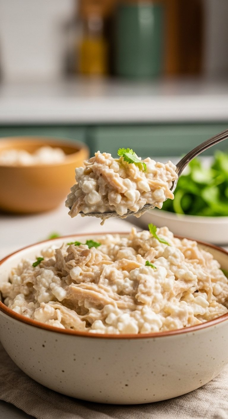 Macro Close-Up Of Shredded Chicken Mixed With Creamy Cottage Cheese And Spices In A Rustic Ceramic Bowl.