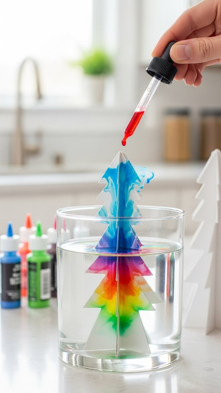 Macro Close-Up Of Vibrant Food Coloring Drops Being Added To Baking Soda Solution Around Tree Bases On Light Counter
