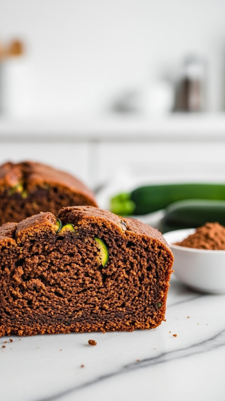 Macro Cross-Section View Of Dense Keto Chocolate Zucchini Bread Showing Zucchini Flecks On Marble Countertop