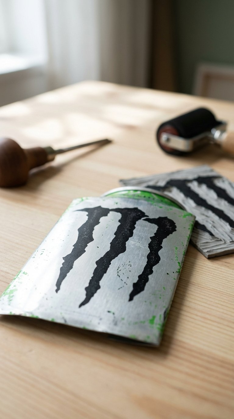 Macro Detail Of Lino-Printed Monster Energy Claw Design On Flattened Aluminum Can With Metallic Texture