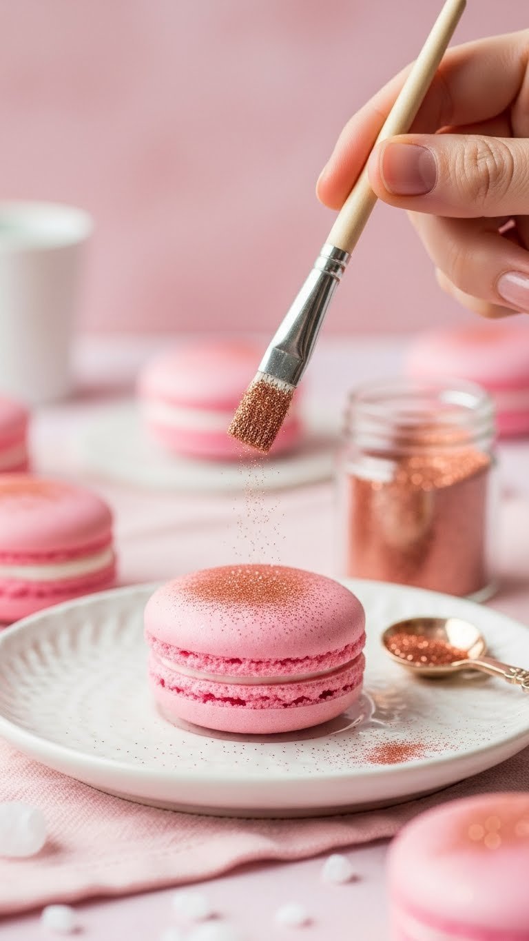 Macro Detail Of Rose Gold Edible Glitter Being Applied To Pink Cupcake With Tiny Brush Creating Magical Shimmery Effect.