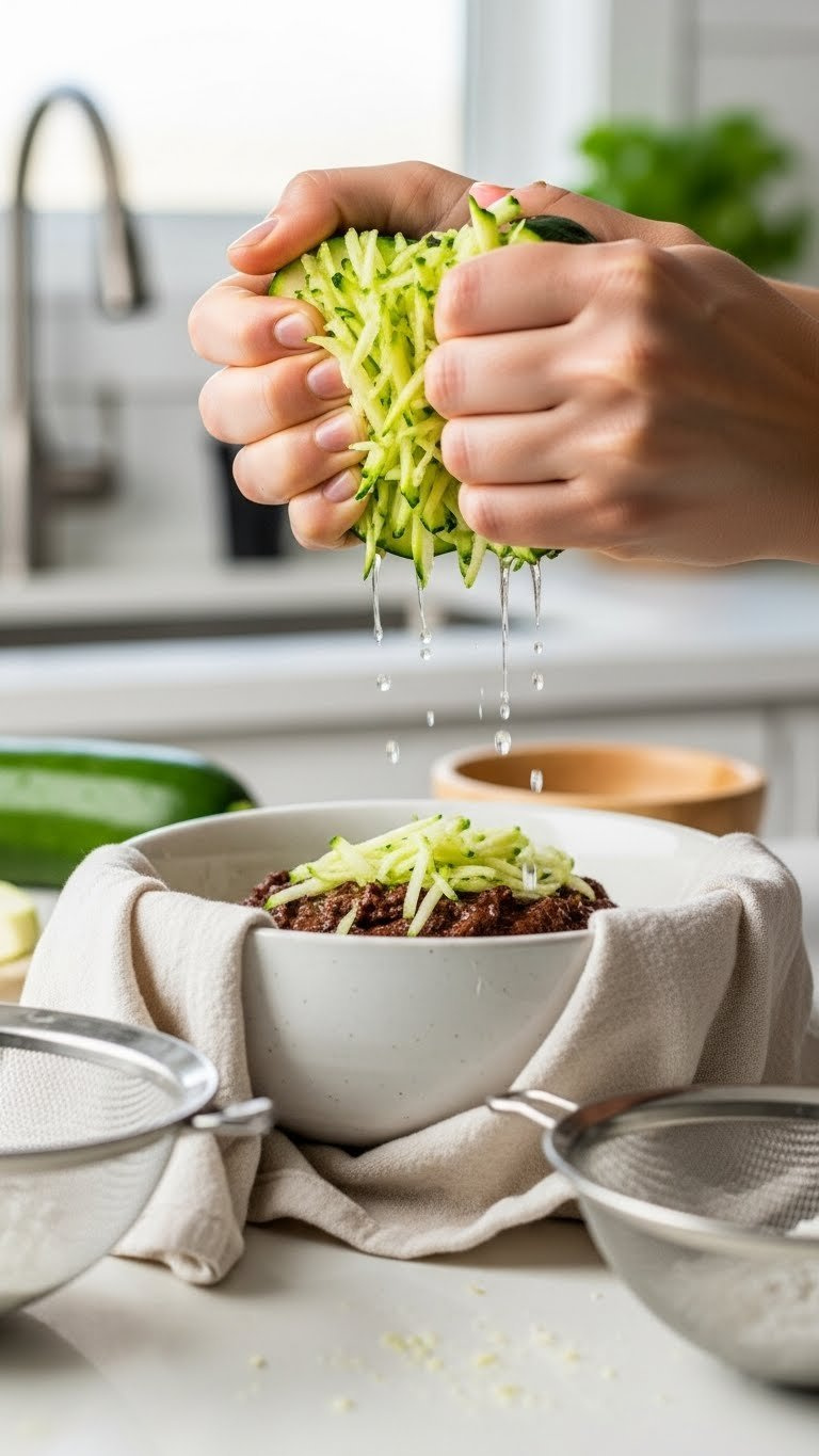 Macro Detail Of Shredded Zucchini Being Squeezed To Remove Excess Water Over Kitchen Towel