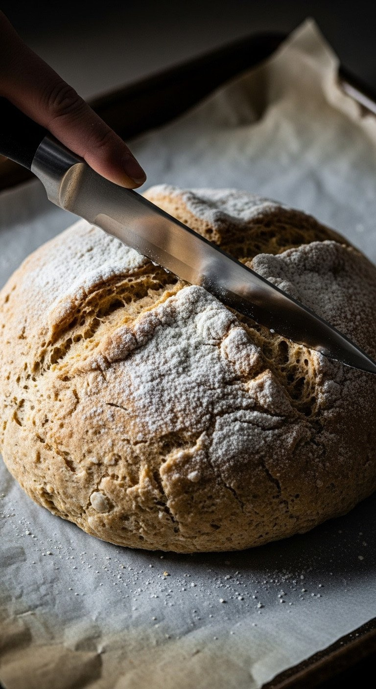 Macro Detail: Sharp Knife Scoring Deep Cross Into Flour-Dusted Rustic Soda Bread Dough On Parchment Paper, Ready For Baking.
