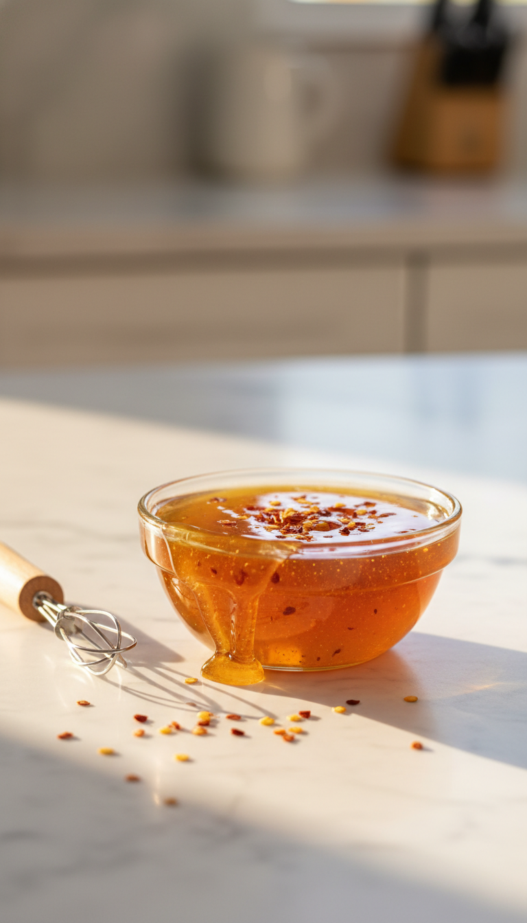 Macro Of A Glass Bowl Of Amber Hot Honey Glaze With Red Pepper Flakes, On A White Marble Counter Beside A Whisk.