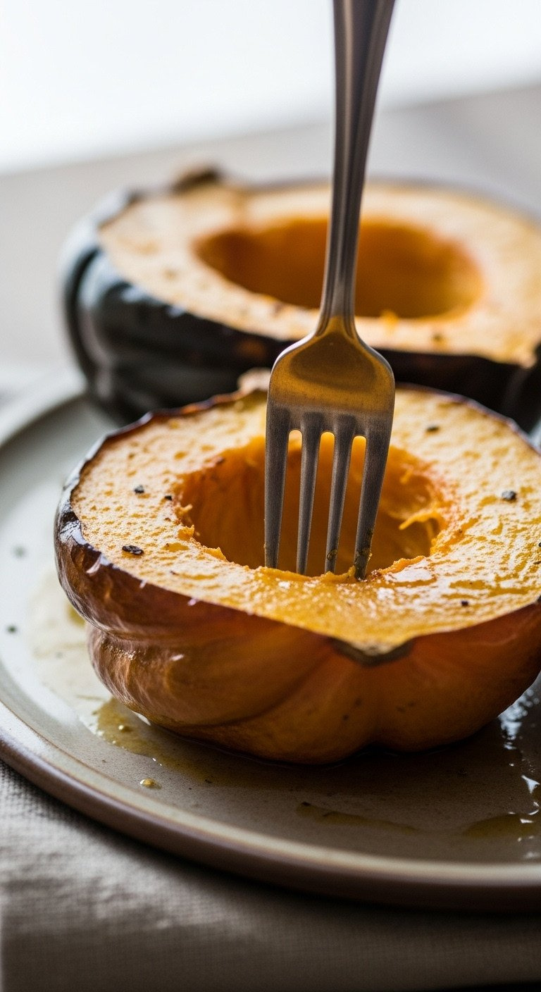 Macro Photo Of A Fork Testing The Tender, Caramelized Flesh Of A Perfectly Roasted Acorn Squash Half Served On A Rustic Plate.