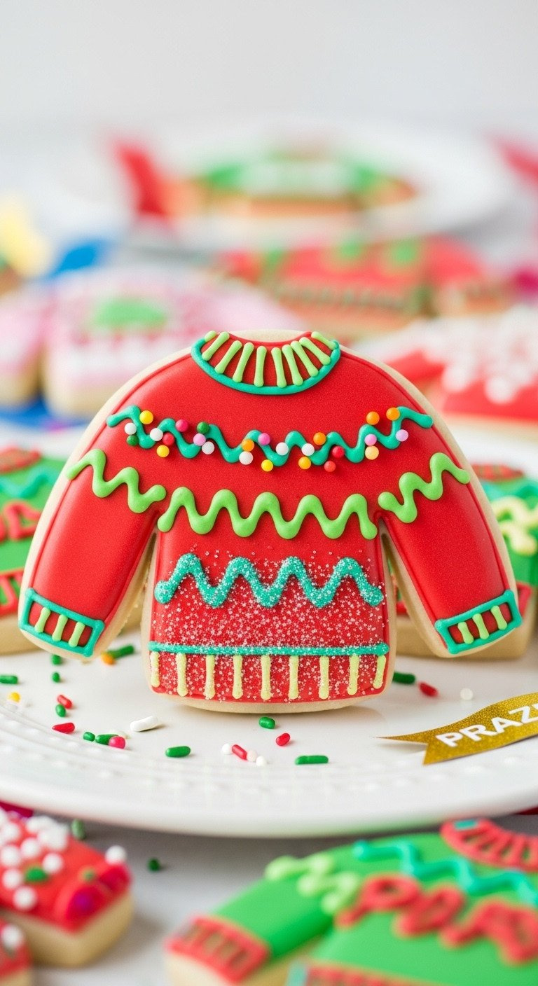 Macro Photo Of A Funny Ugly Sweater Christmas Cookie With Garish, Colorful Royal Icing And Mismatched Sprinkles On A Plate.