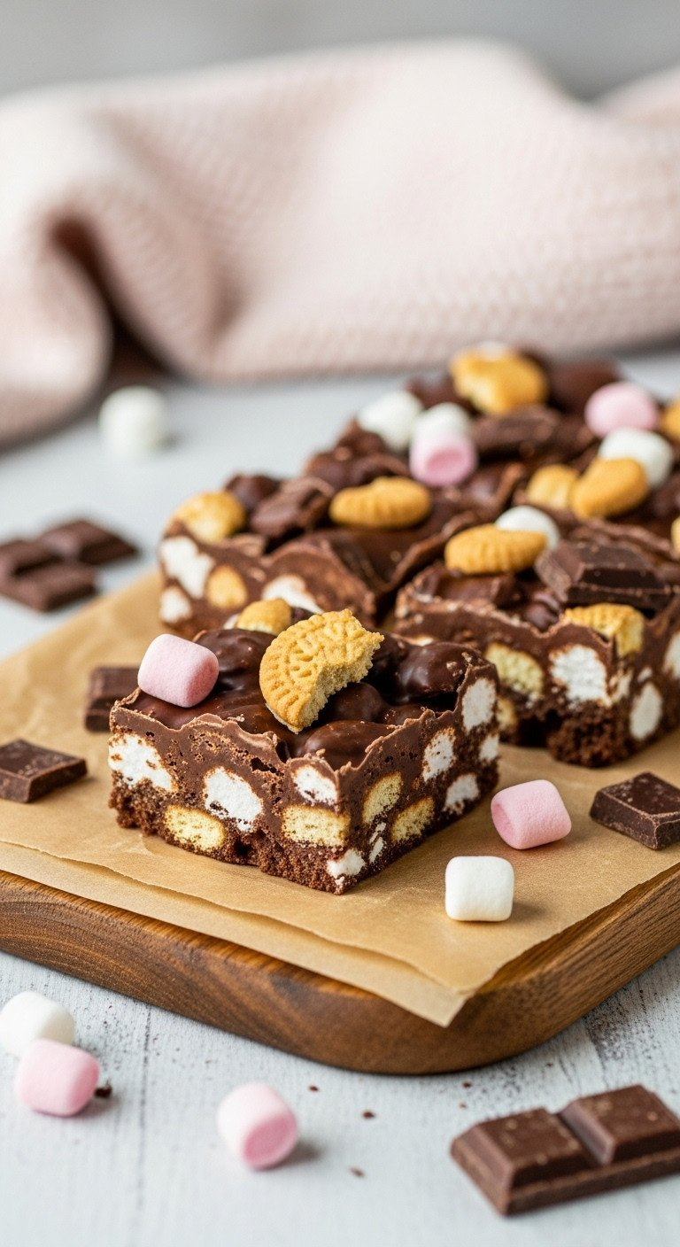 Macro Photo Of A Nut-Free Rocky Road Square Showing Chocolate, Marshmallow, And Cookie Textures On Parchment Paper.