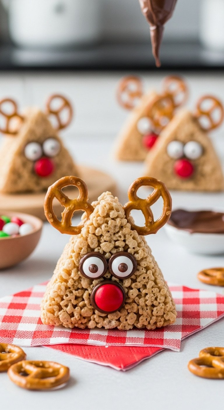 Macro Photo Of A Reindeer Rice Krispie Treat With Pretzel Antlers And A Red Candy Nose On A Festive Checkered Napkin.