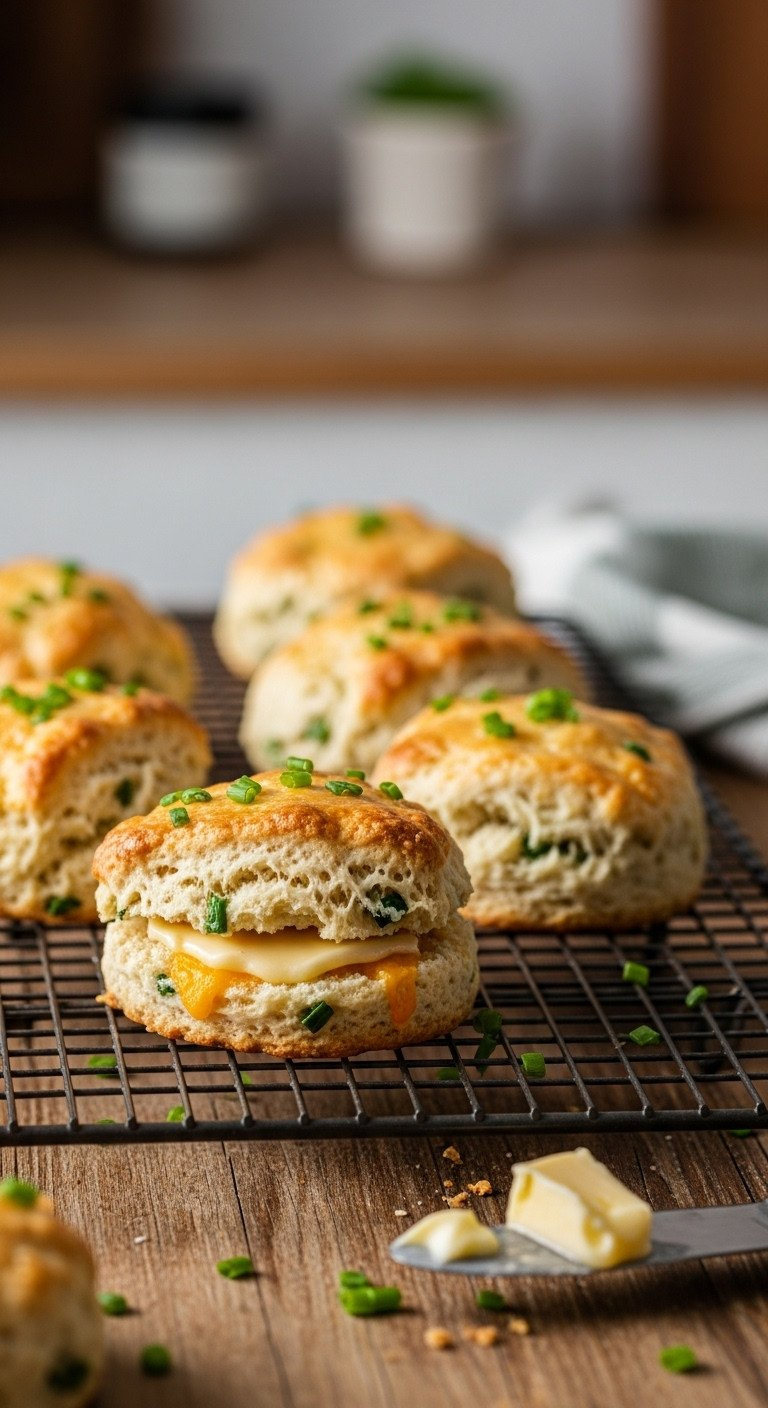 Macro Photo Of A Warm Cheddar And Chive Scone With Melting Butter On A Cooling Rack, A Cozy And Savory Homemade Recipe.