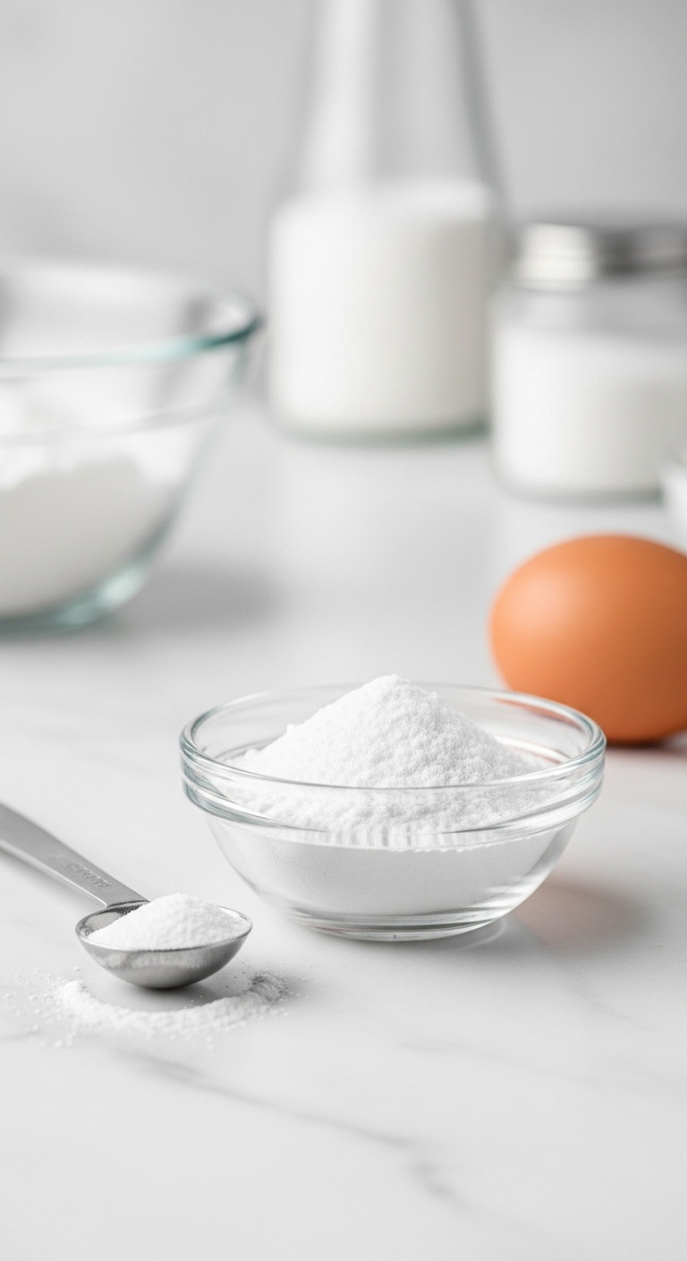 Macro Photo Of Fine Xanthan Gum Powder In A Small Glass Bowl With A 1/4 Teaspoon On A White Marble Countertop.