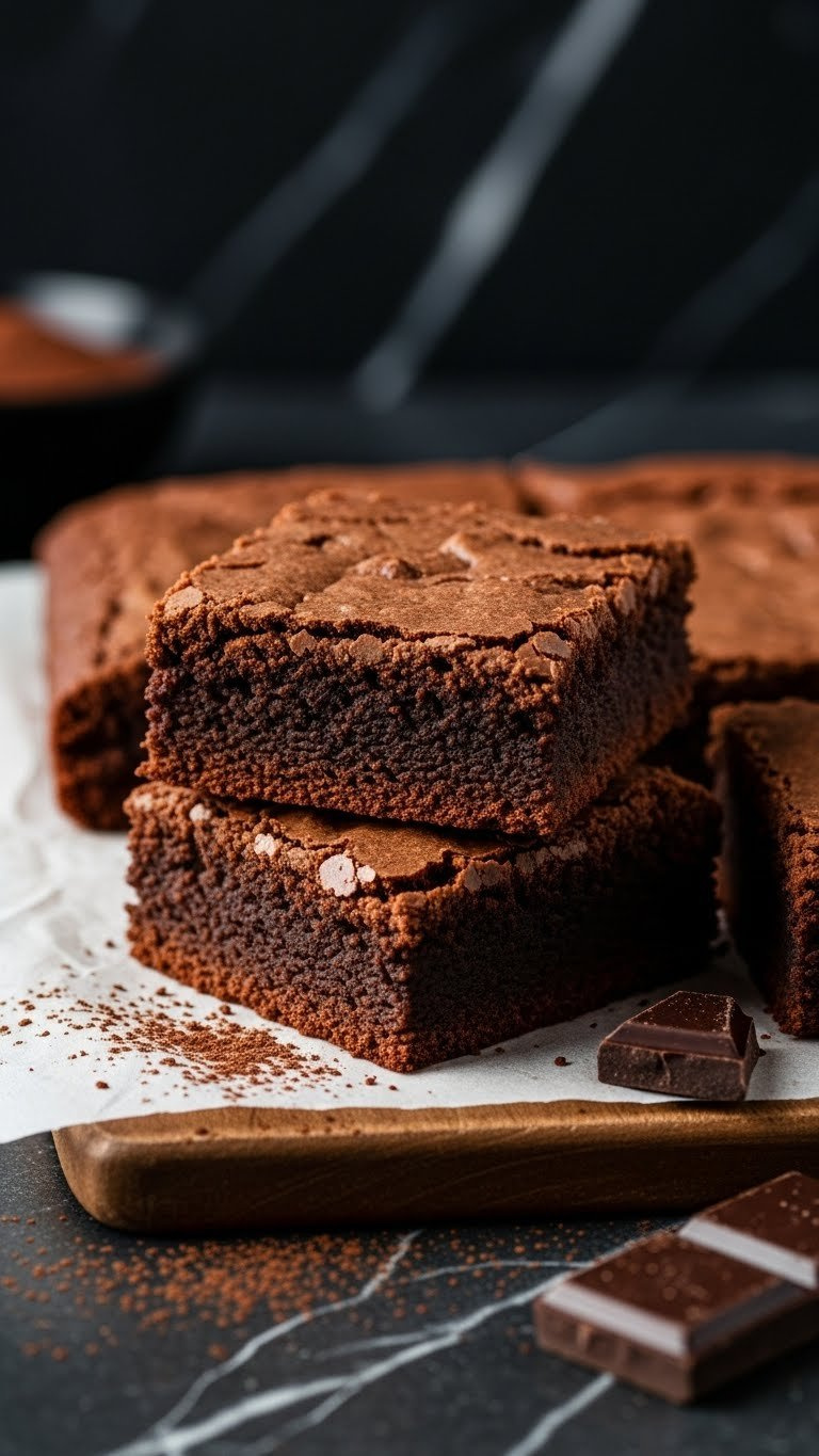 Macro Photo Of Fudgy Dark Chocolate Brownies On Cutting Board, Showing Cracked Top, Gooey Interior, Cocoa. Dramatic Side Lighting, Elegant.