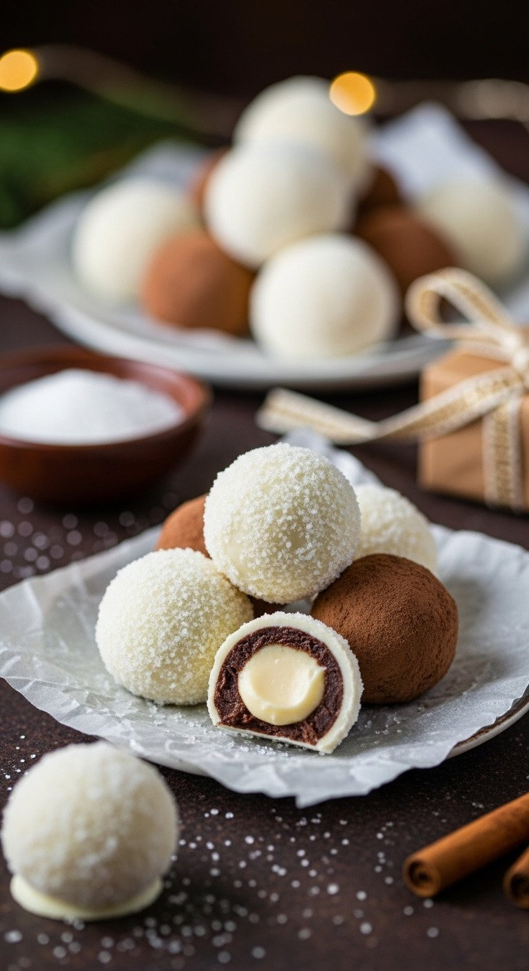 Macro Photo Of White Chocolate Eggnog Truffles Coated In Sugar, An Easy And Decadent Homemade Christmas Candy Recipe.