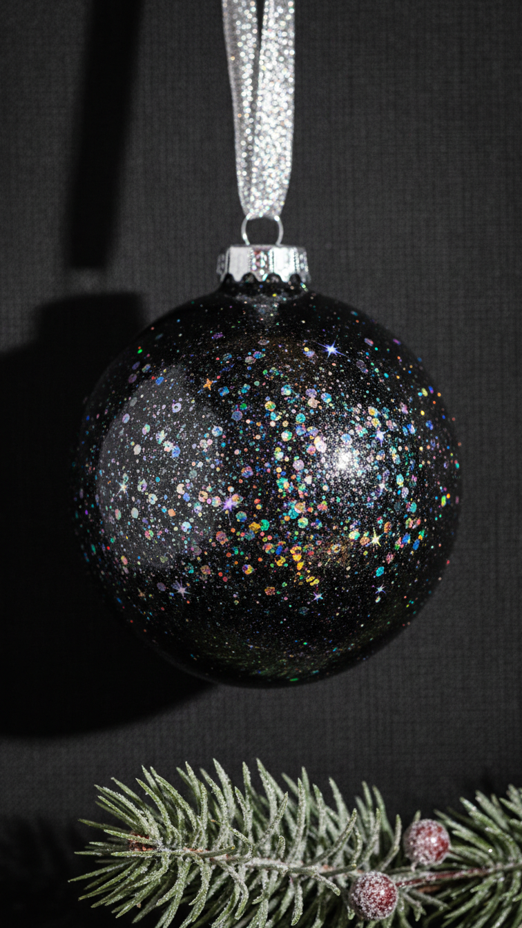 Macro Shot Of Diy Black Galaxy Ornament Hanging From Silver Ribbon With Holographic Glitter Creating Star-Filled Space Scene Against Dark Background.