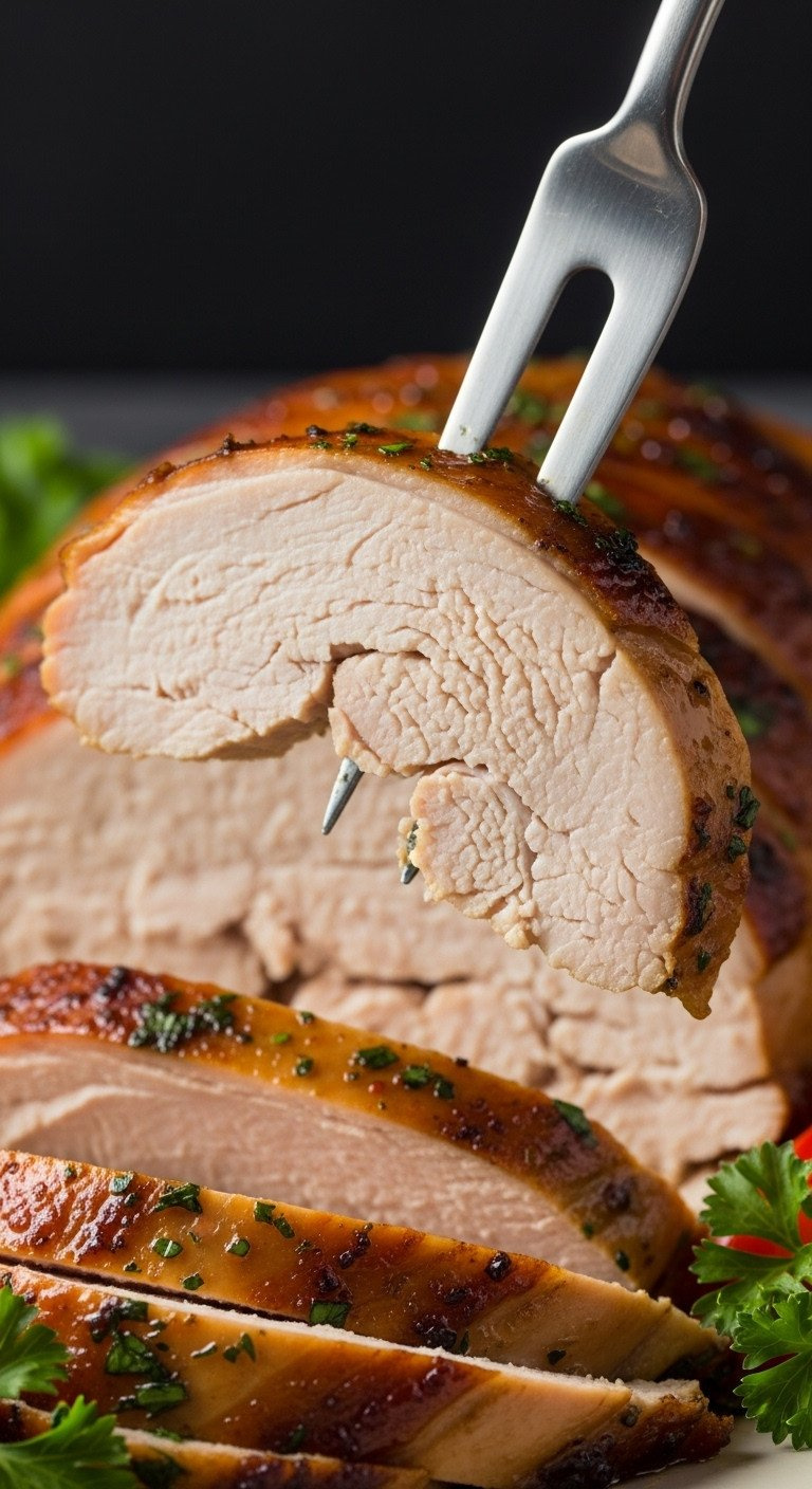 Macro Shot Of A Carving Fork Lifting A Perfectly Cooked, Juicy Slice Of Turkey Breast, Showing The Moist Meat Texture.