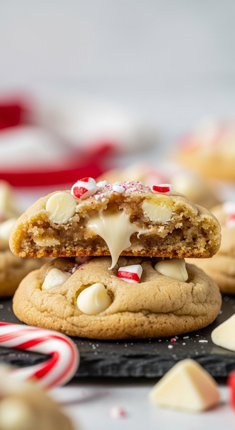 Macro Shot Of A Chewy White Chocolate Peppermint Cookie Broken In Half To Show Its Soft, Gooey Center On A Dark Surface.