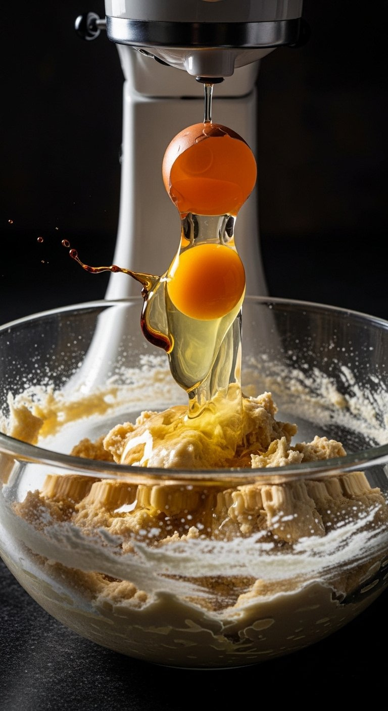 Macro Shot Of A Cracked Egg Dropping Into A Bowl Of Creamy Biscoff Cookie Dough With Vanilla Extract.