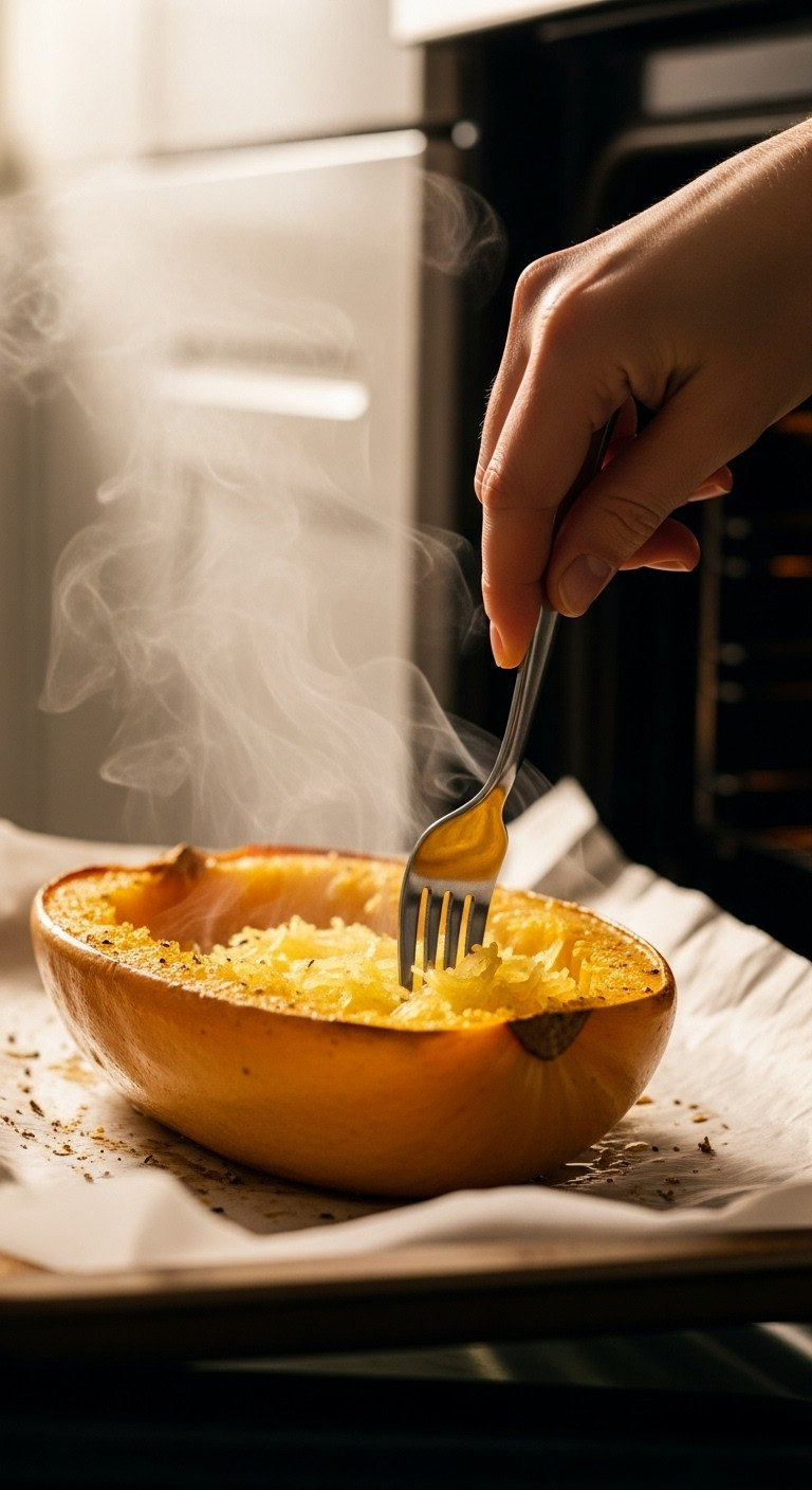 Macro Shot Of A Fork Piercing The Tender, Golden-Brown Skin Of A Freshly Roasted Spaghetti Squash Half On A Baking Sheet.