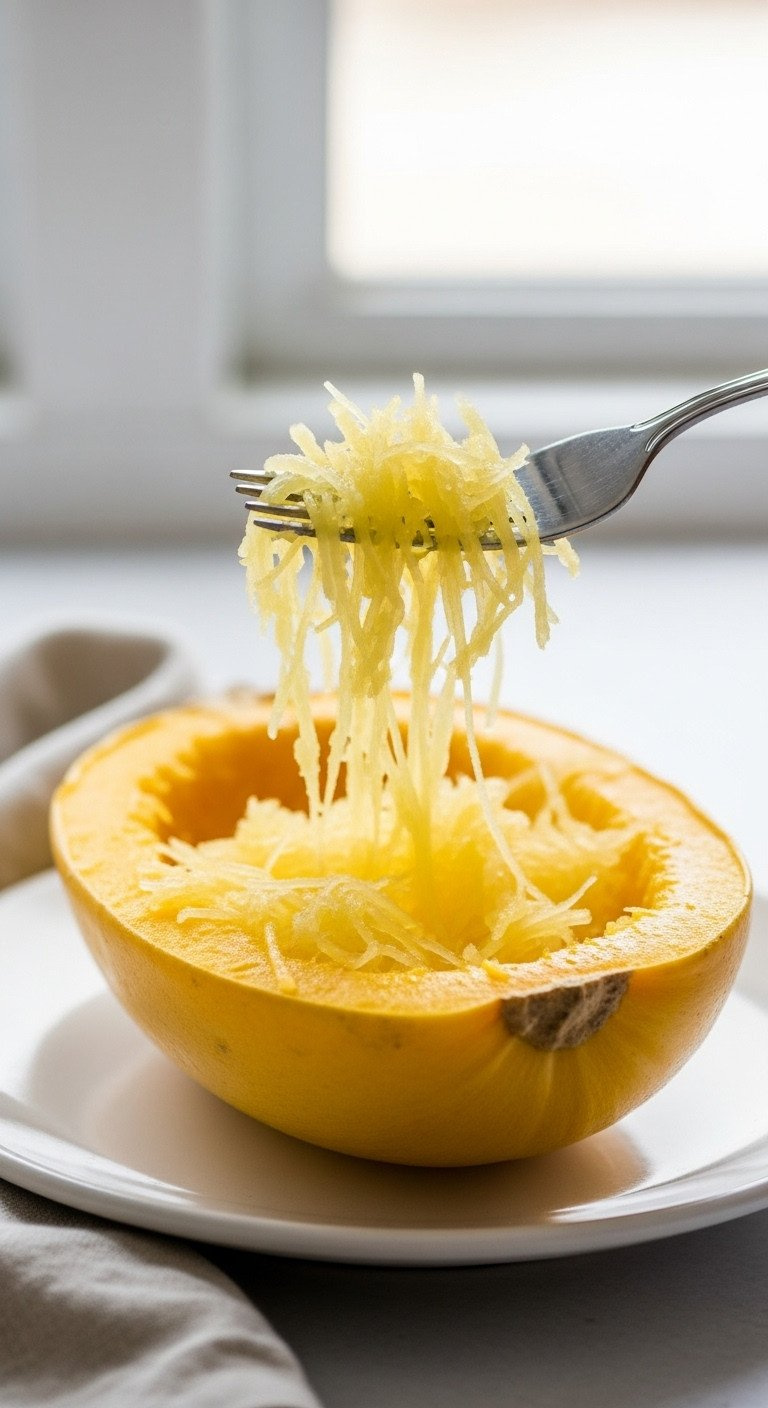 Macro Shot Of A Fork Scraping The Inside Of A Cooked Spaghetti Squash Half, Creating Fluffy, Spaghetti-Like Strands.