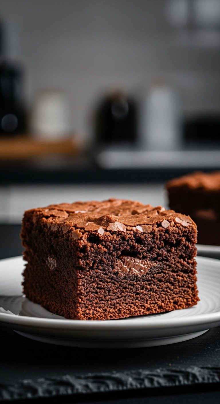 Macro Shot Of A Fudgy Brownie Square With A Crinkly Top On A White Plate, Showing Its Dense, Moist Interior Texture.