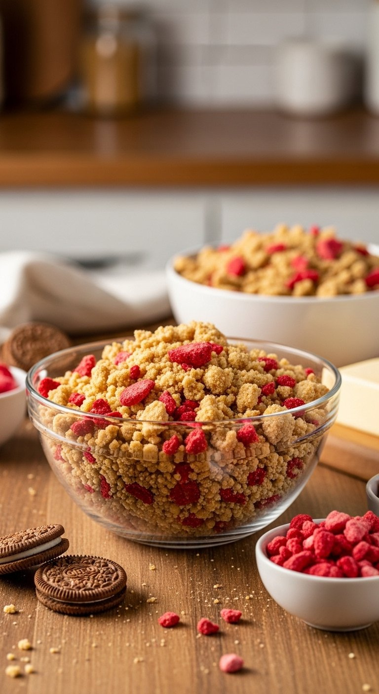 Macro Shot Of A Glass Bowl Filled With Golden Strawberry Crunch Topping And Red Pieces On A Rustic Wooden Table.