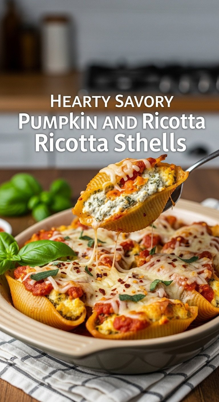 Macro Shot Of Baked Pumpkin And Ricotta Stuffed Pasta Shells With Rich Tomato-Sage Sauce, Melted Parmesan, And Fresh Basil.