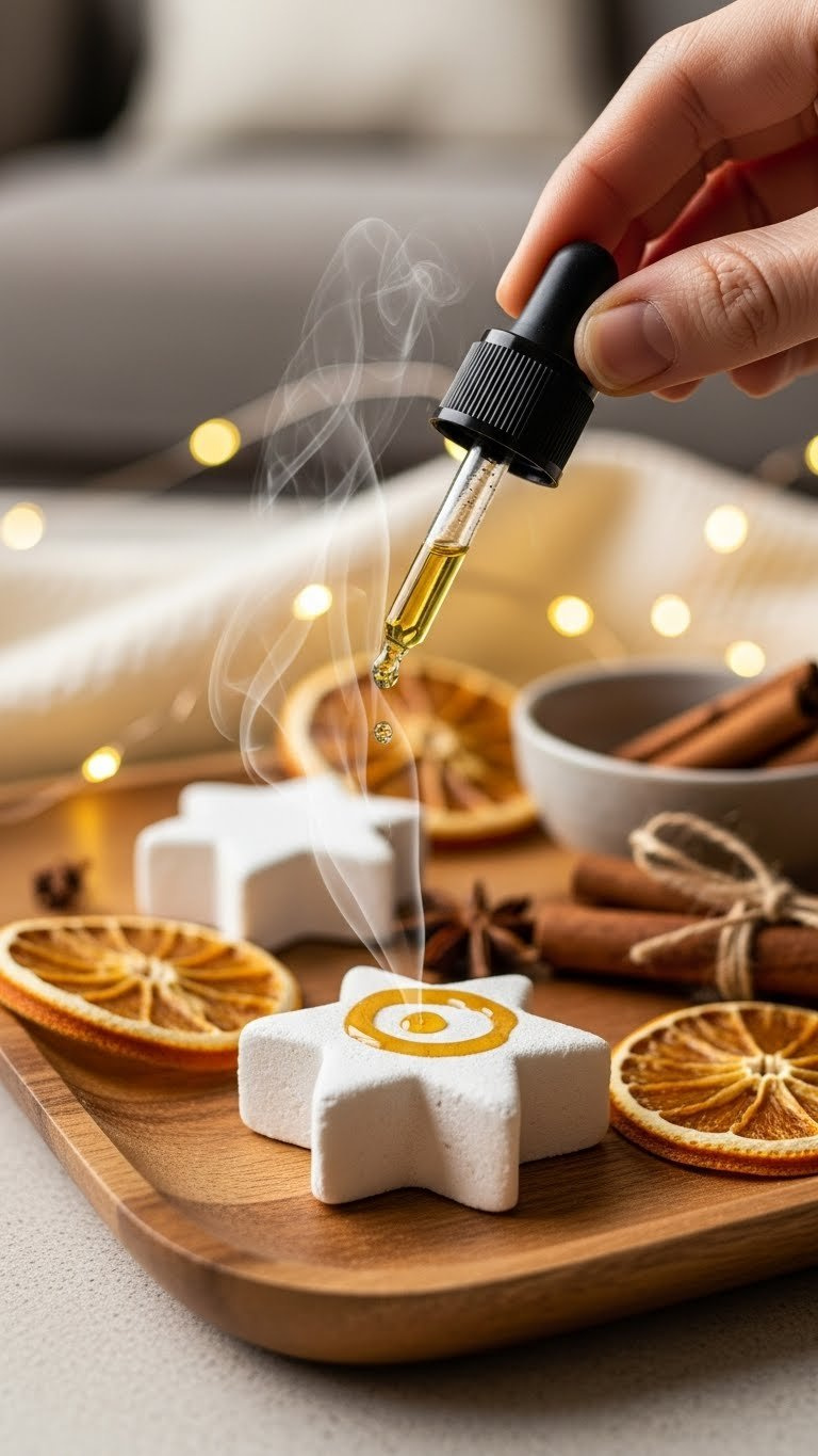 Macro Shot Of Cinnamon Essential Oil Being Dropped Onto White Star-Shaped Baking Soda Ornament With Cozy Decor.