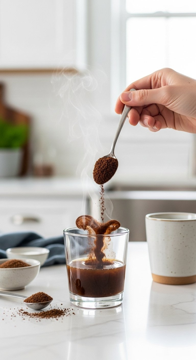 Macro Shot Of Dark Instant Coffee Granules Dissolving In Hot Water With A Spoon And Steam.
