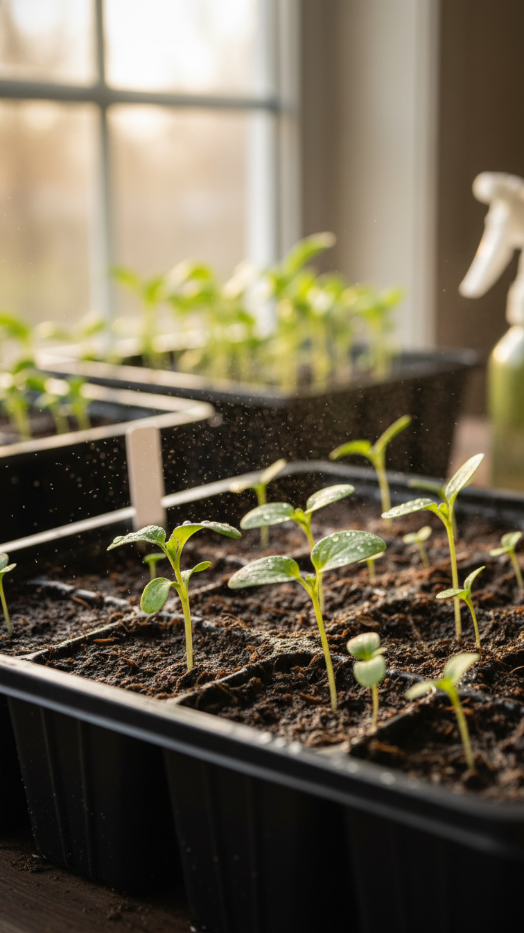 Macro Shot Of Delicate Green Seedlings Sprouting In Seed Tray With Baking Soda Mist On Leaves