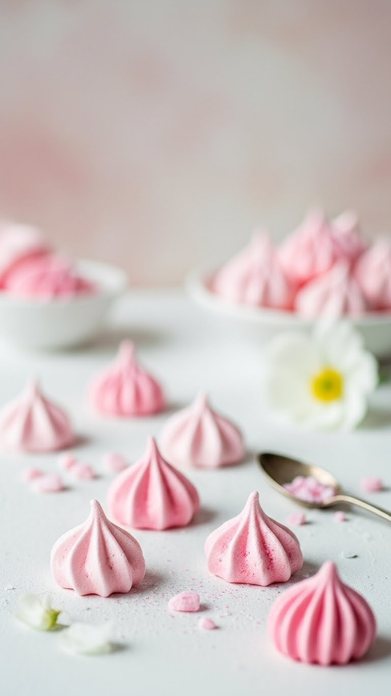 Macro Shot Of Delicate Pink Meringue Kisses With Edible Glitter Scattered Artfully On White Linen Tablecloth With Vintage Spoon.