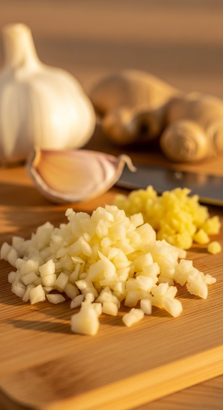 Macro Shot Of Finely Minced Fresh Garlic And Ginger On A Small Bamboo Cutting Board.