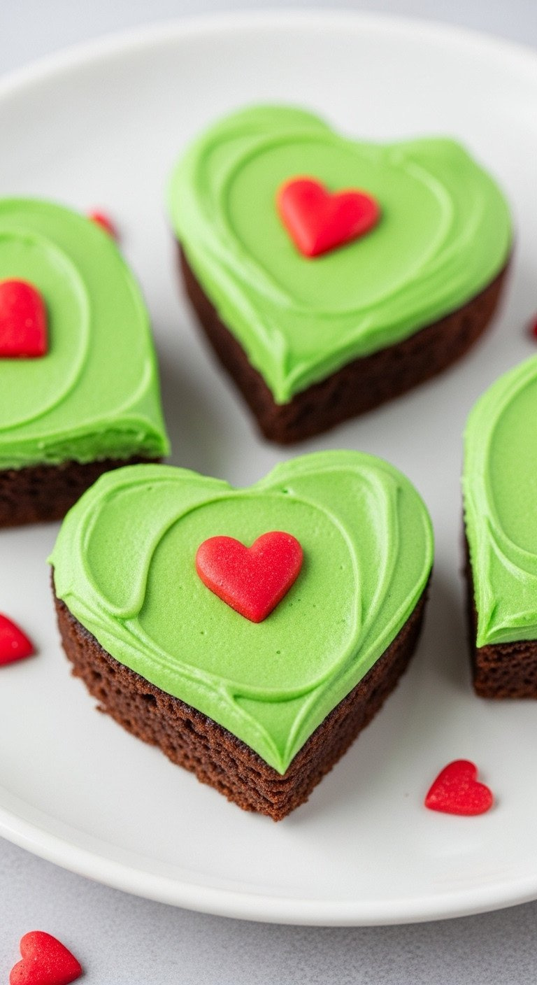 Macro Shot Of Heart-Shaped Grinch Brownies With Bright Green Frosting And A Single Large Red Heart Sprinkle.