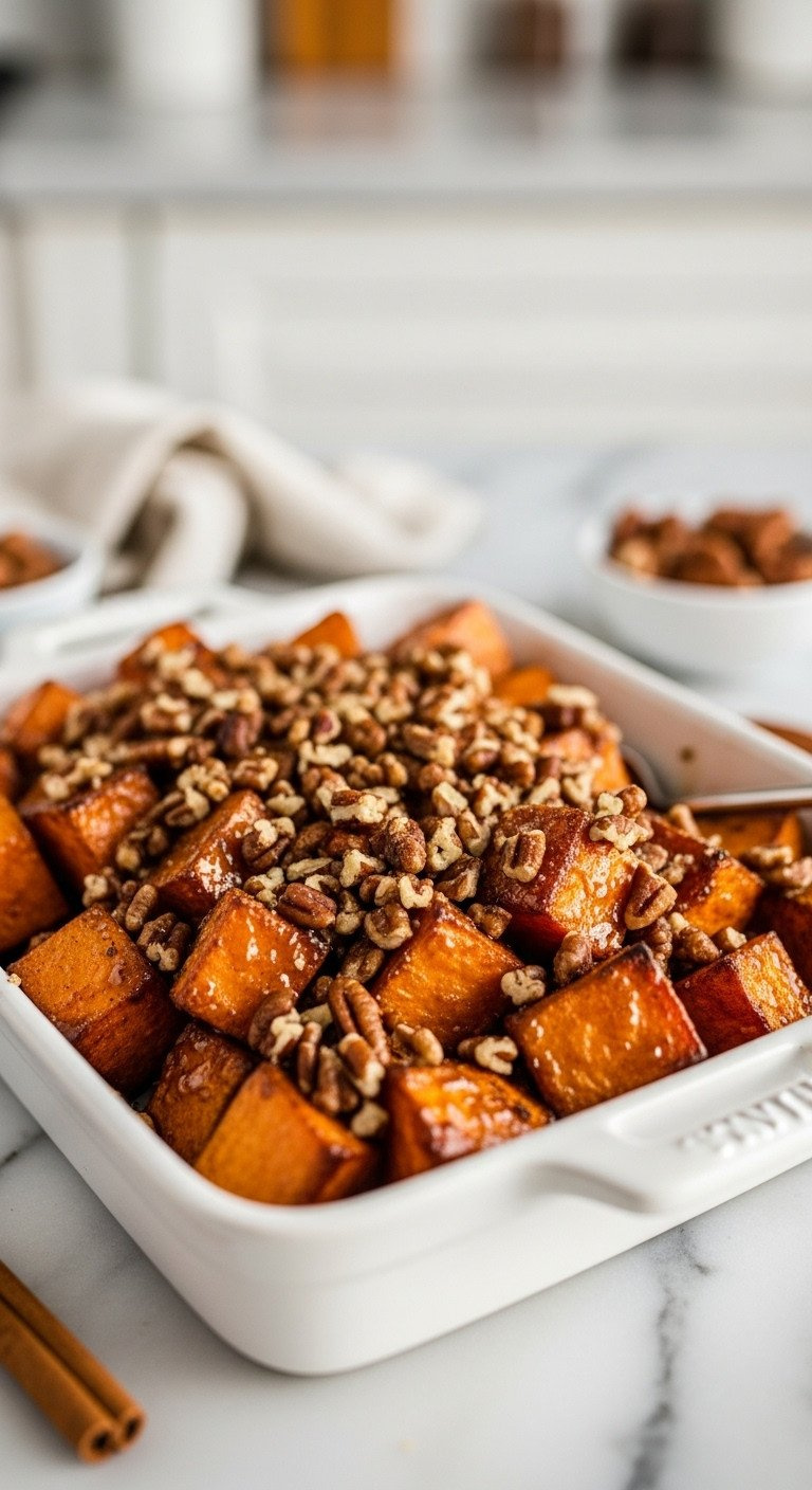 Macro Shot Of Honey-Glazed Sweet Potato Cubes With Pecans, Cinnamon In A White Ceramic Dish On Marble Countertop, Warm And Indulgent.