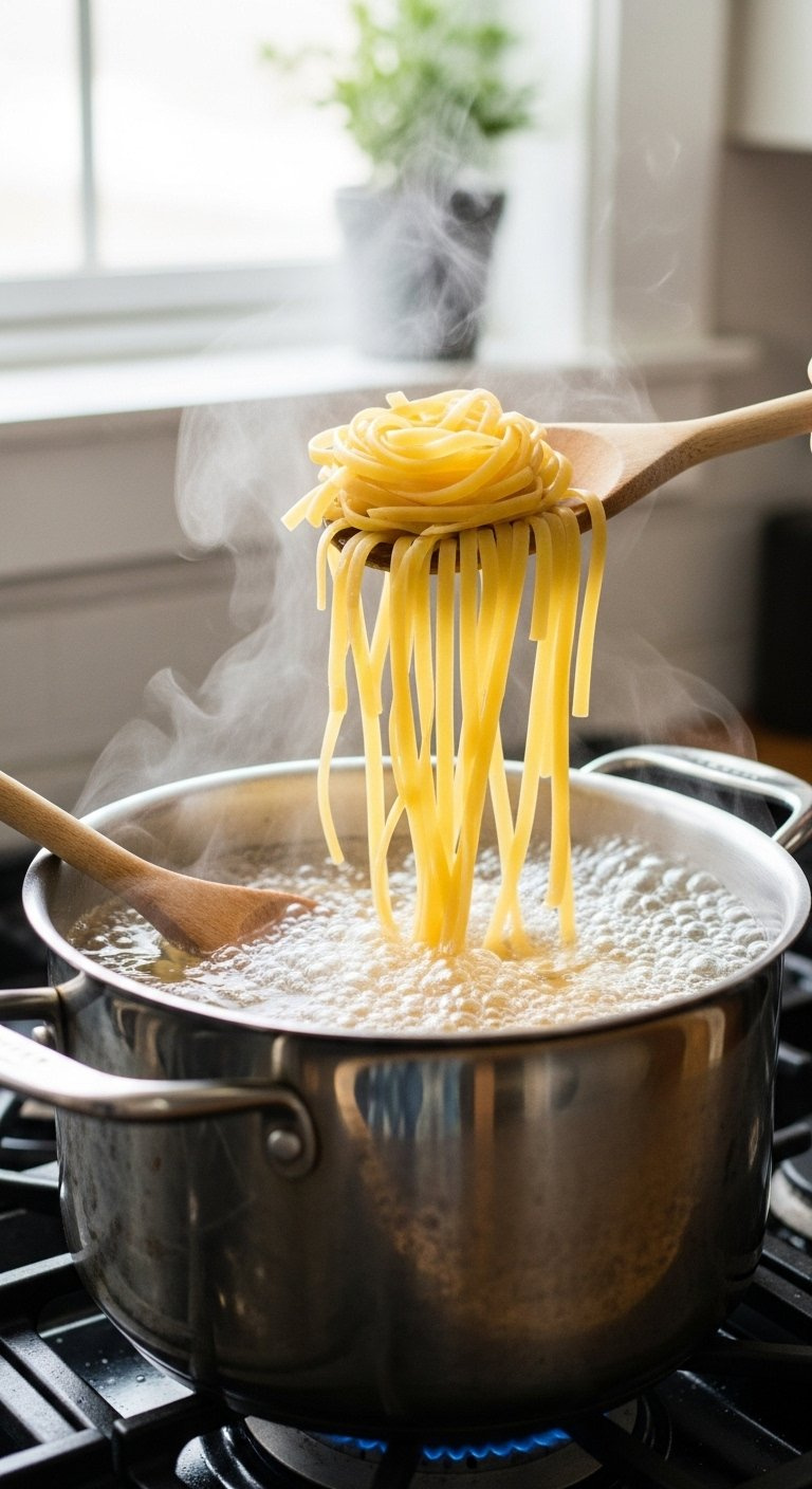 Macro Shot Of Linguine Pasta Swirling In Boiling Water Inside A Stainless Steel Stockpot With Rising Steam.