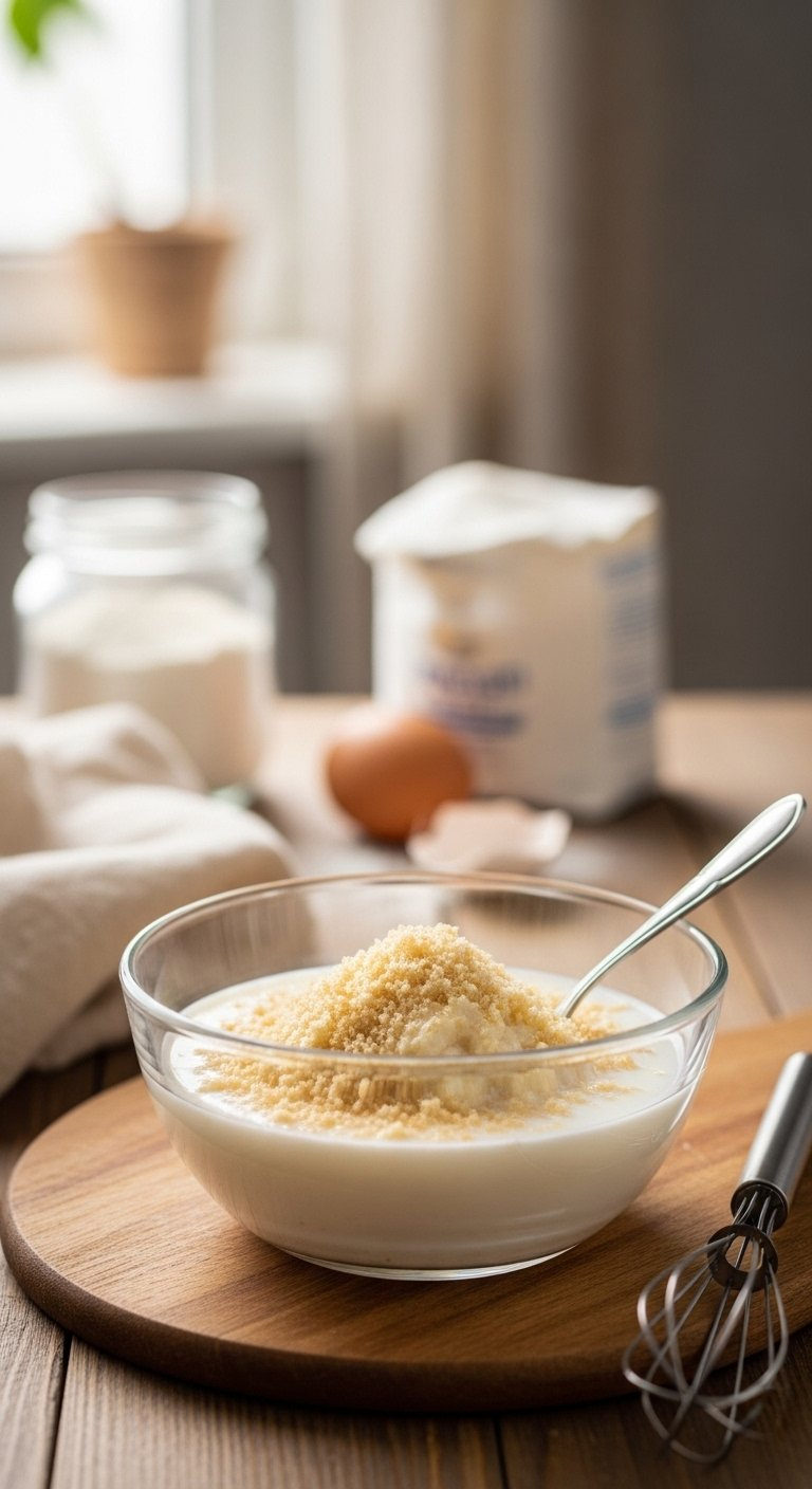 Macro Shot Of Milk And Panko Breadcrumb Panade Mixture Soaking In A Glass Bowl On Rustic Wood.