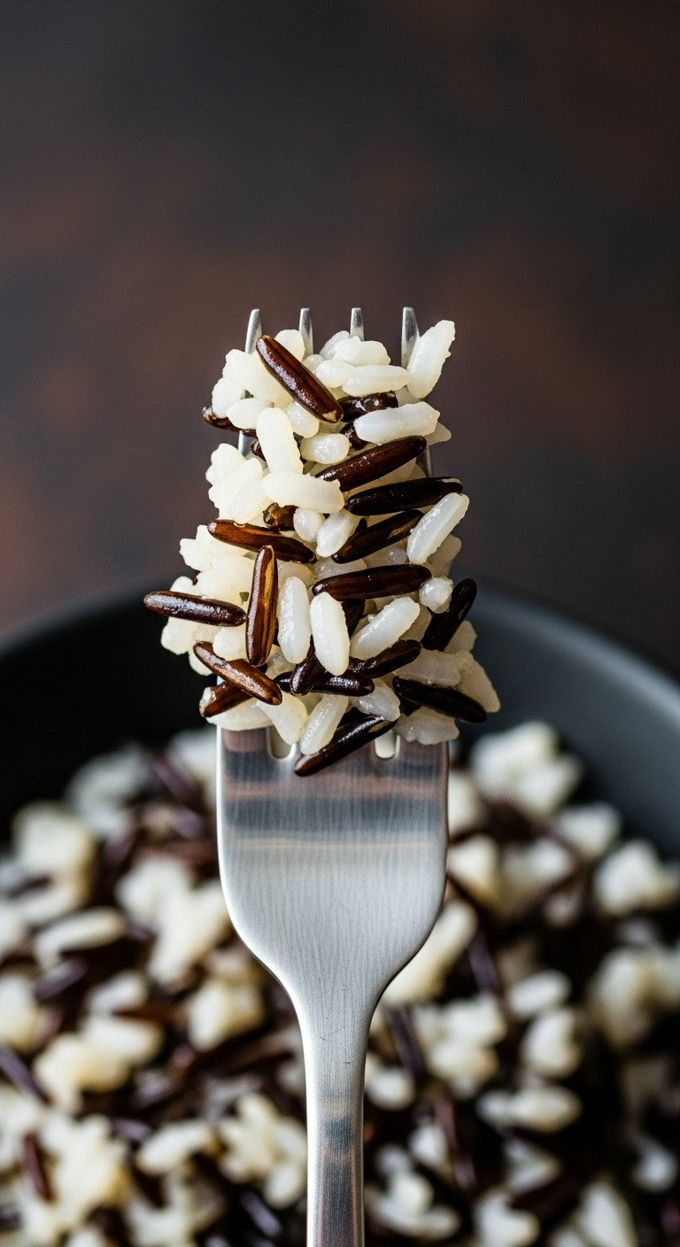 Macro Shot Of Perfectly Cooked Wild Rice Kernels On A Fork, Showing Ideal Burst Texture For Chewy, Tender Doneness.