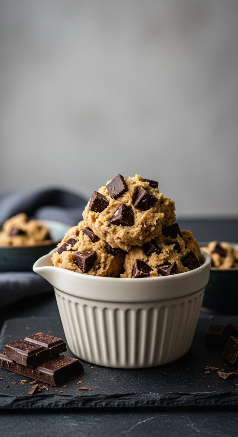 Macro Shot Of Thick Cookie Dough Studded With Large Dark Chocolate Chunks In A Ceramic Bowl On A Dark Slate Surface.
