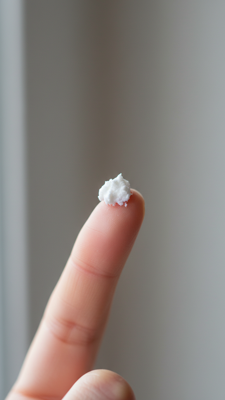 Macro Shot Of Thick White Baking Soda Paste On Fingertip Ready For Skincare Application