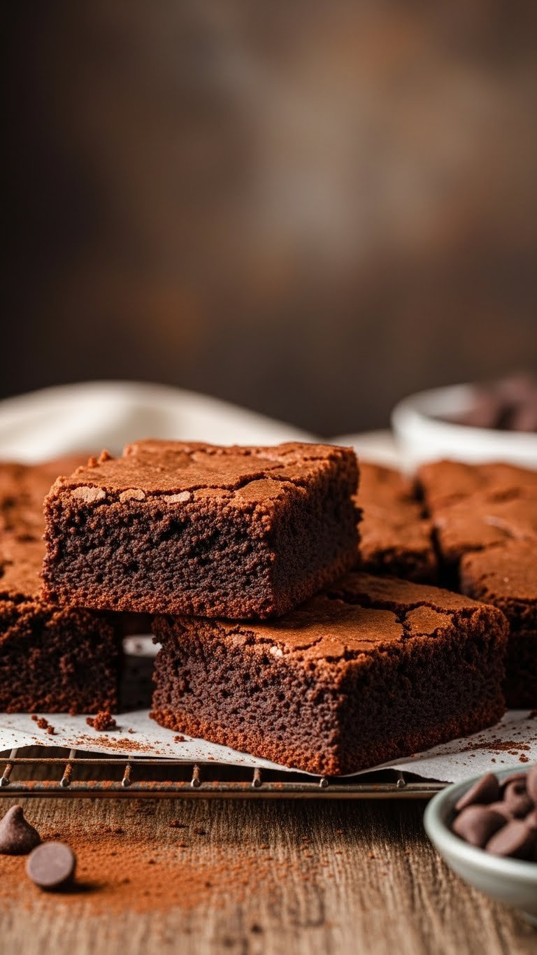 Macro Shot Of Two Fudgy Chocolate Brownies, One Revealing Moist Interior, The Other With A Crackly Top, Dusted Cocoa Powder On Rustic Wood.