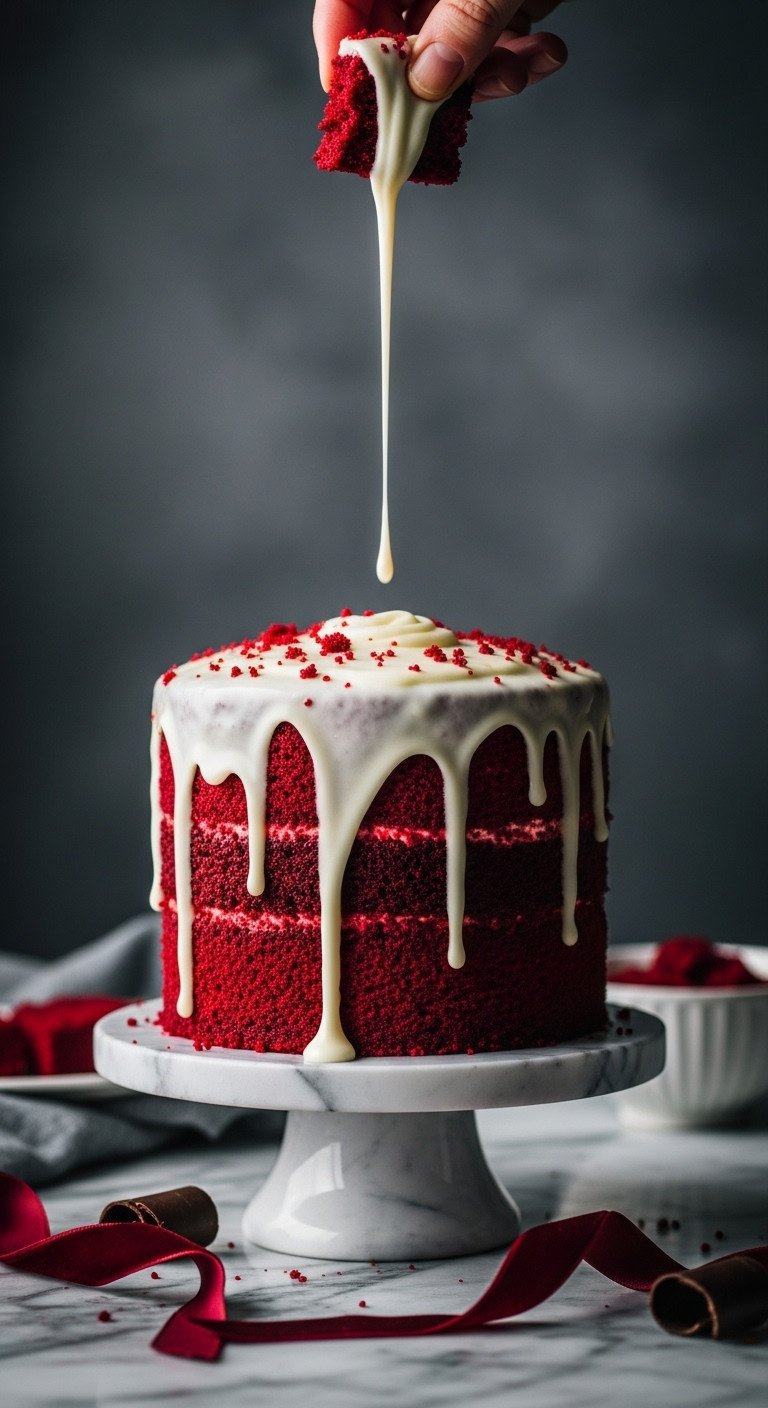 Macro Shot Of Vibrant Red Velvet Cake With Elegant White Cream Cheese Frosting Drip On Marble, Dark Background. Gourmet Dessert.