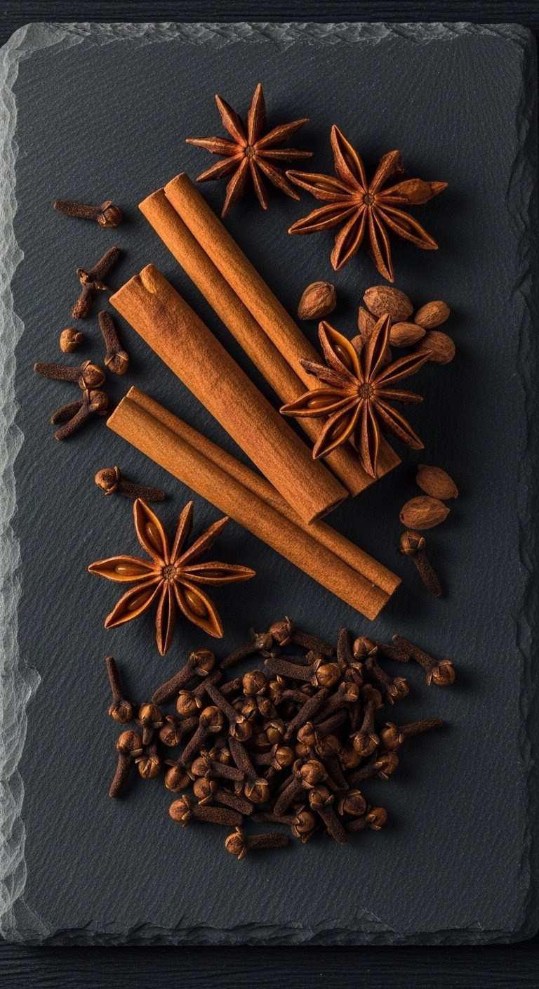 Macro Shot Of Whole Cinnamon Sticks, Star Anise, And Cloves Arranged Artfully On A Dark Rustic Slate Surface.