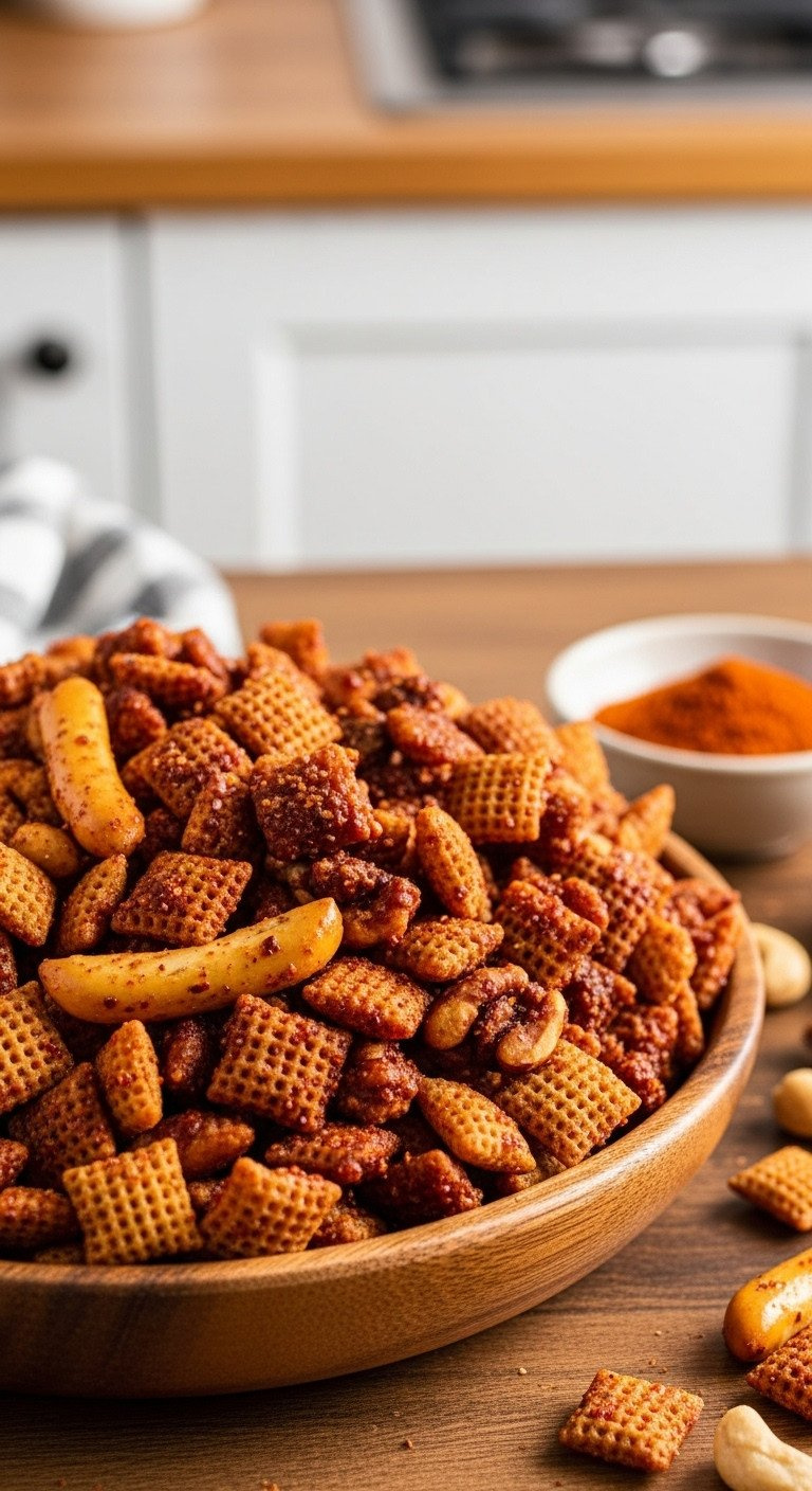 Macro Spicy Bbq Slow Cooker Chex Mix In Rustic Wood Bowl, Wheat Chex, Nuts, Breadsticks, Chili. Cozy Savory Snack.