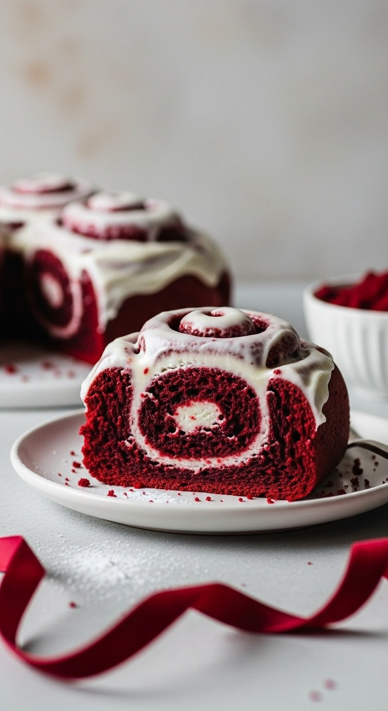 Macro View Of A Single Red Velvet Cinnamon Roll Slice With Cocoa Filling And Thick Cream Cheese Icing On A White Plate.