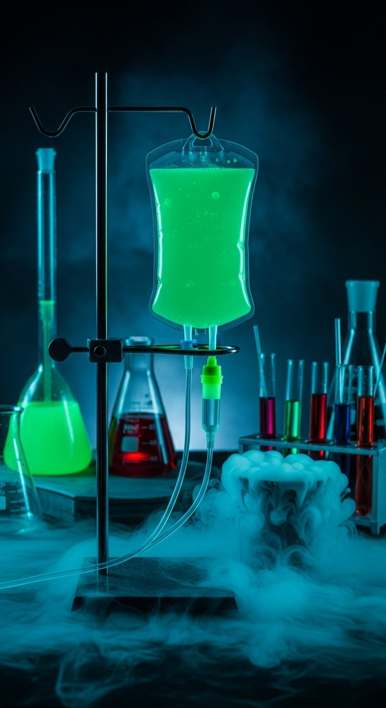 Mad Scientist Halloween Iv Bag Drink With Glowing Neon Green Liquid Dry Ice And Lab Equipment Perfect For Otherworldly Recipes