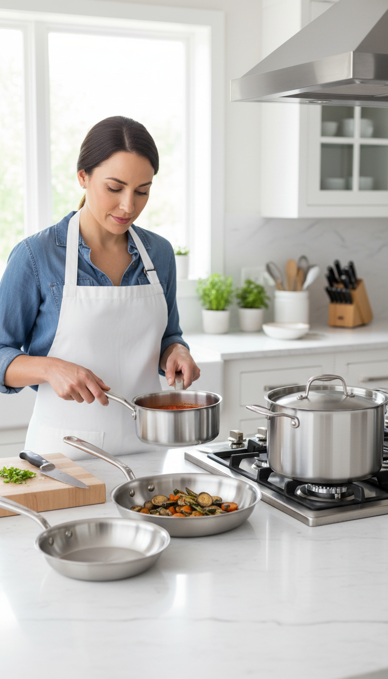 A Photo Showing Multiple Pots From The Made In Set On A Stovetop, With Some Containing Food Like Searing Chicken Or Simmering Sauce To Demonstrate Active Testing.